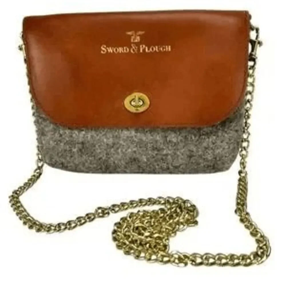 Sword & Plough Women Gray Crossbody Bag Purse Gold Chain Brown Leather